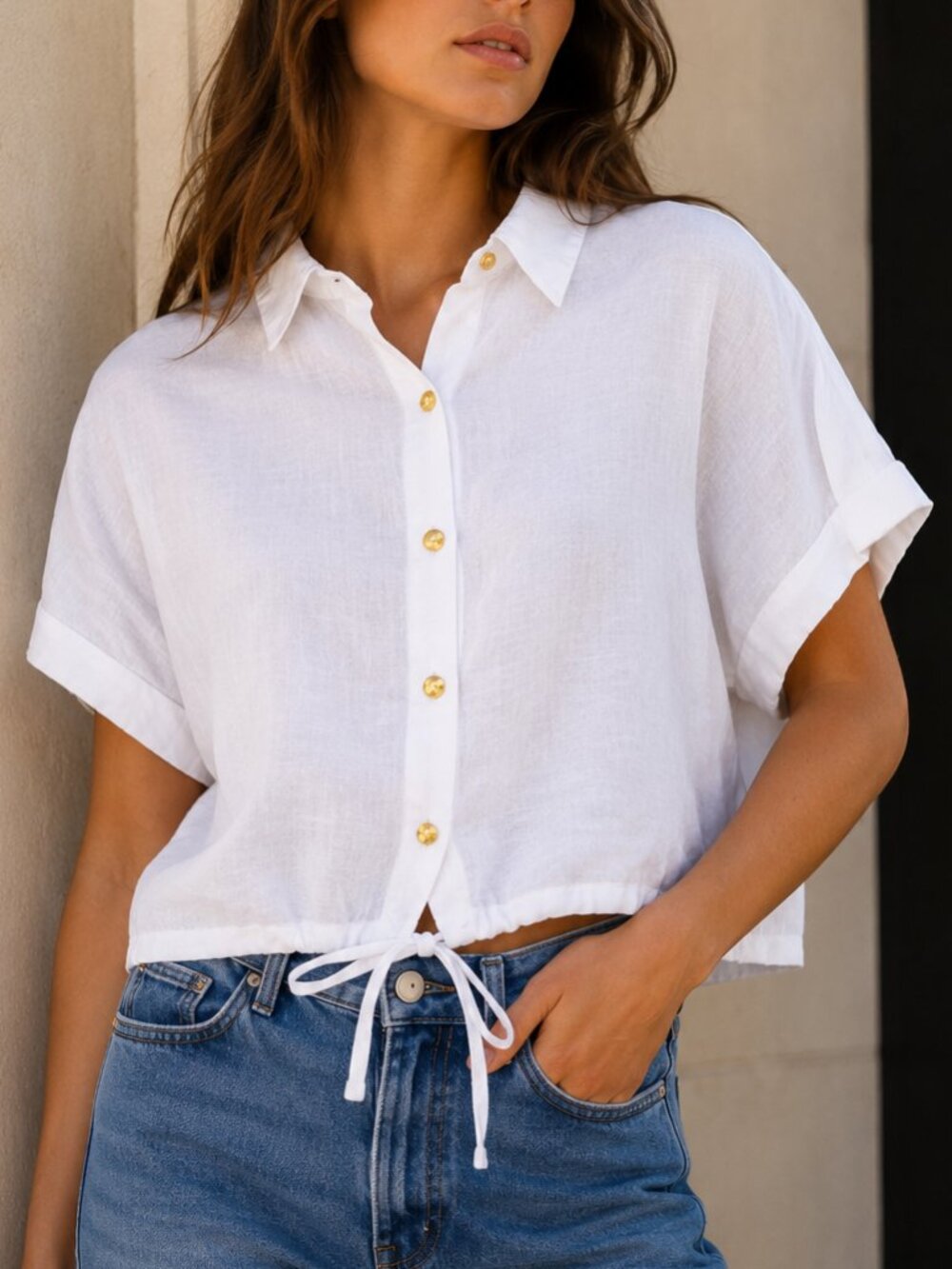 Joie White 100% Linen Button Front Drawstring Hem Boxy Top Women's | Size L